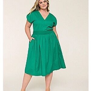 Lane Bryant Shirred Shoulder Smocked-Waist Midi Dress